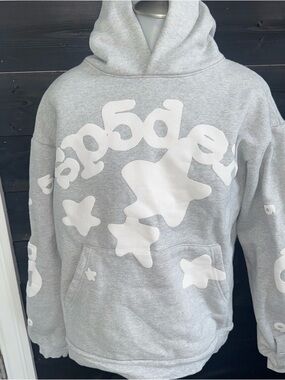 Sp5der Beluga Hoodie Mens Small Gray Star Graphic Pullover Fleece Sweatshirt